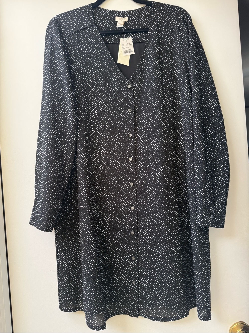 J. Crew Black Long-Sleeve Button-Front Polka Dot Dress